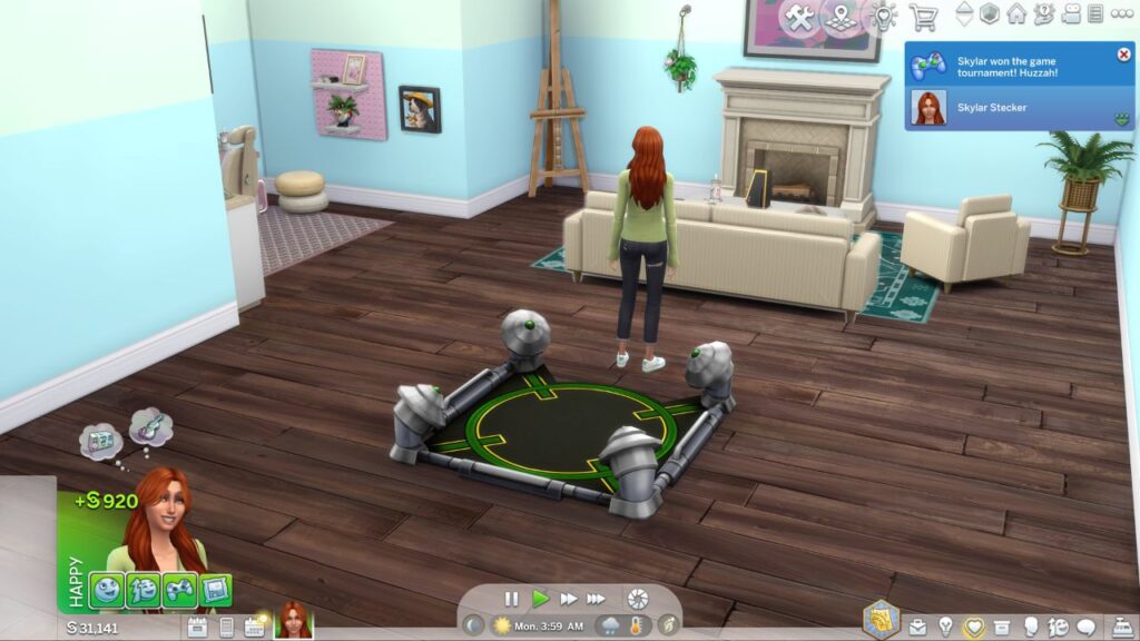 A screenshot from the sims 4 showing a sim winning a video game tournament 