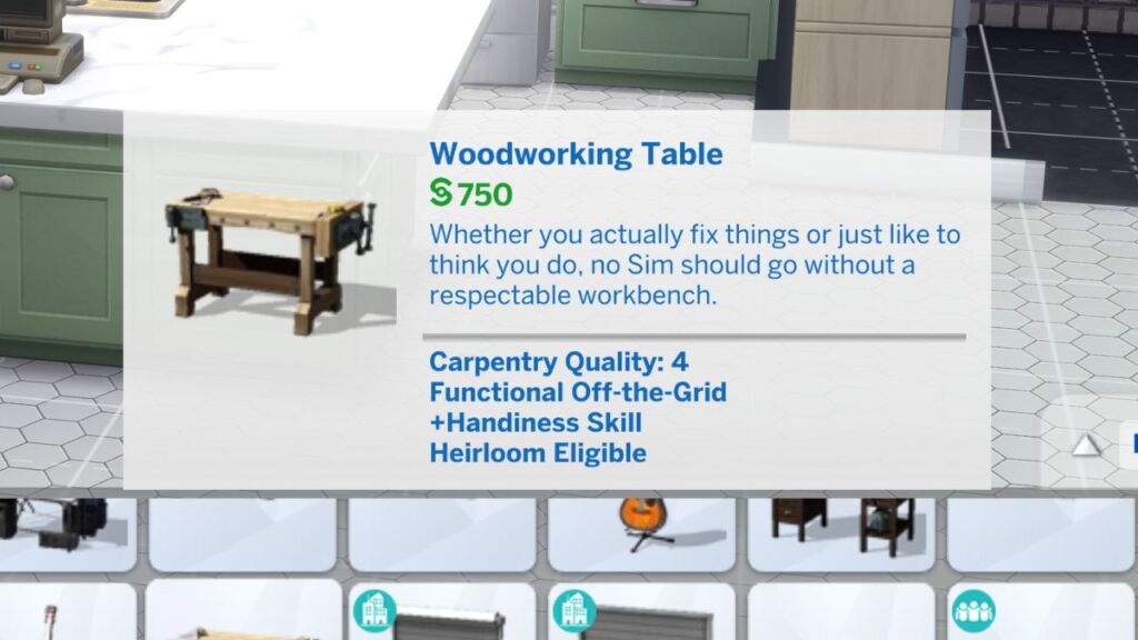 A screenshot from The Sims 4 showing the build mode listing for the woodworking table