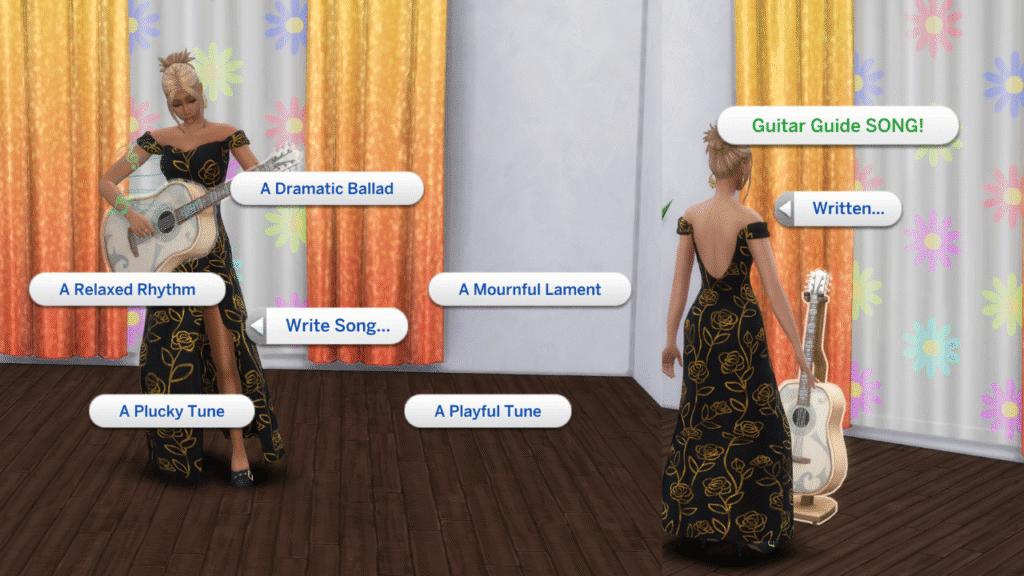 A screenshot from The Sims 4 showing the options to write a song on a guitar and play that song 