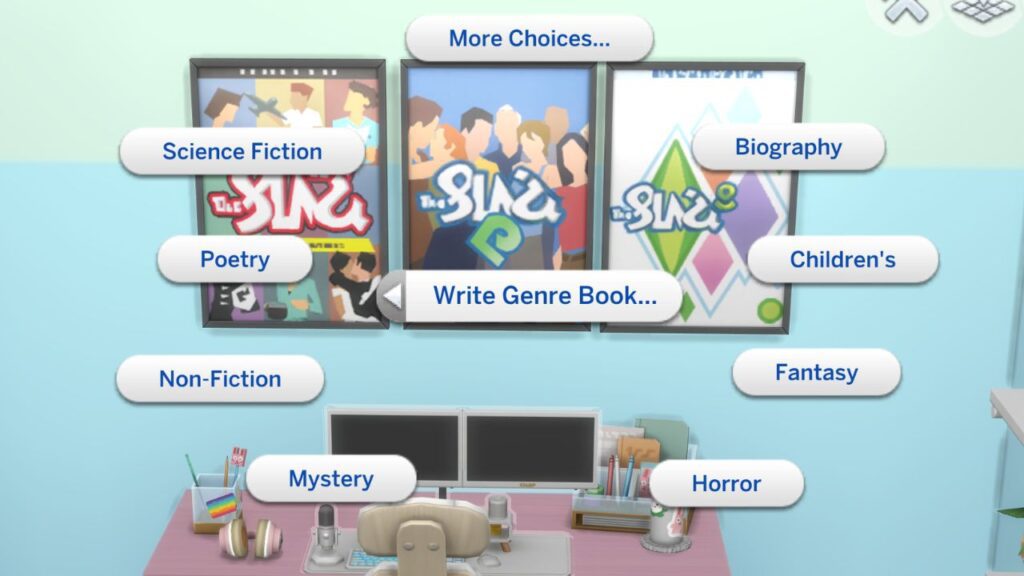 A screenshot from the sims 4 showing all the options for genre books sims can write 