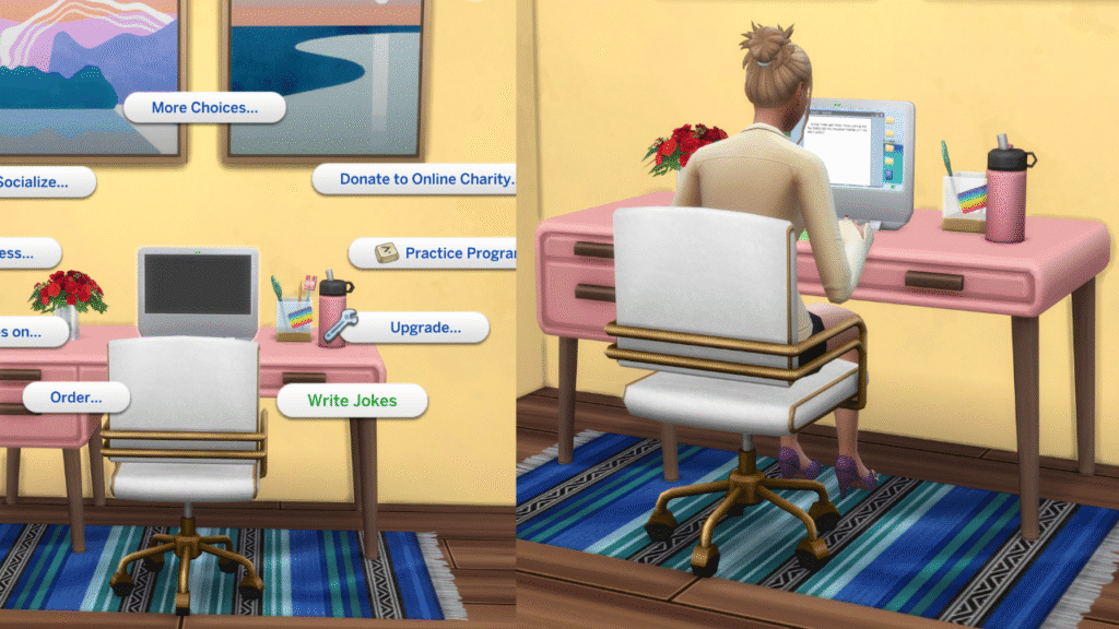 A set of two screenshots from The Sims 4. The first is the computer options to write jokes and the second is a sim at a computer writing jokes.
