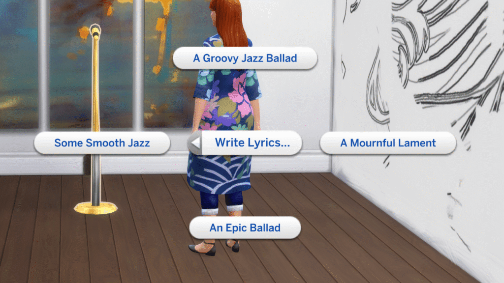 A screenshot from The Sims 4 that shows the options on a microphone to write lyrics for singing 