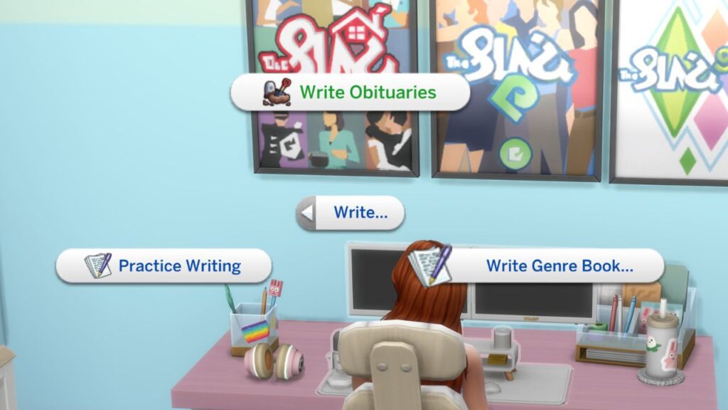 A screenshot from The Sims 4 showing the option to write obituaries on a computer 