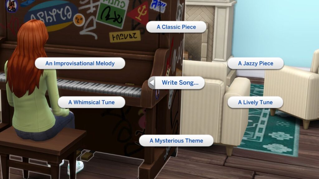 A screenshot from the sims 4 of the options for a sim to write a song