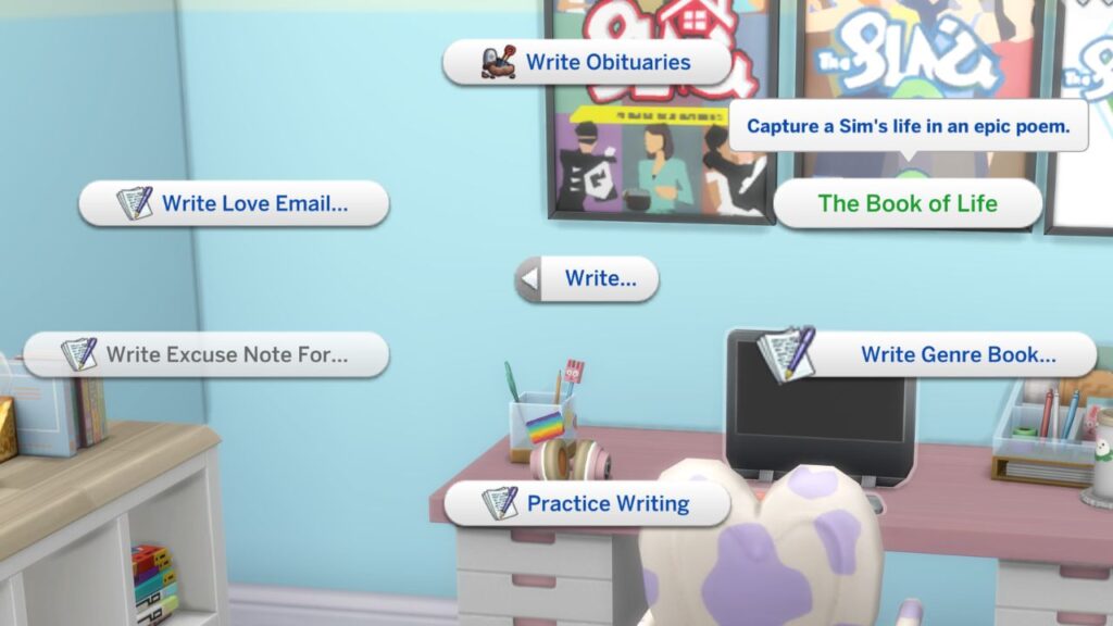 A screenshot from The Sims 4 showing the option to write the book of life