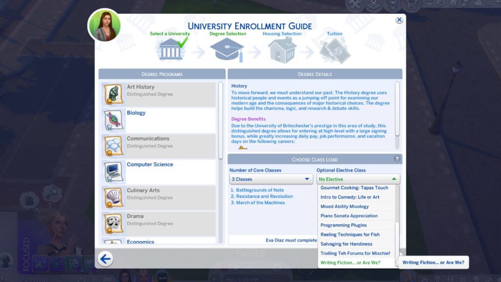 A screenshot showing that sims can take a writing elective in the sims 4 
