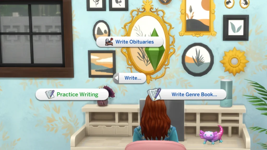 A screenshot from the sims 4 of the option to practice writing on a computer 