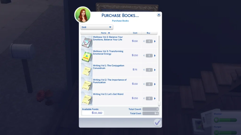 A screenshot from the sims 4 showing the writing skill books 