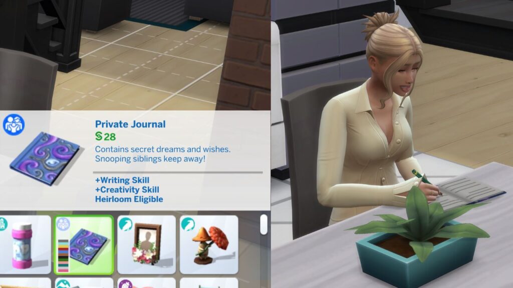 A screenshot from the sims 4 showing a sim writing in a private journal 