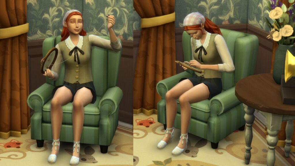 Two screenshots from The Sims 4 of a sim doing cross stitch