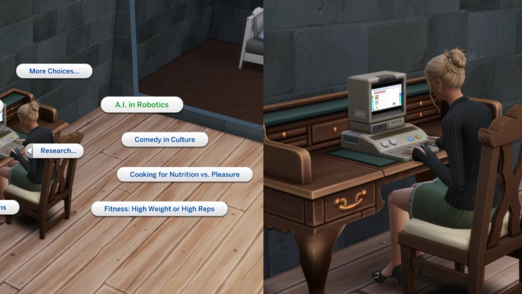 A set of two screenshots from The Sims 4. The first shows the menu for researching a.i. in robotics and the second is a sim doing that research.