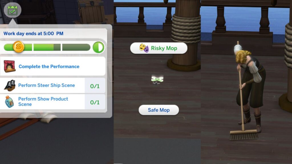 A screenshot from The Sims 4 showing a sim at an acting gig 