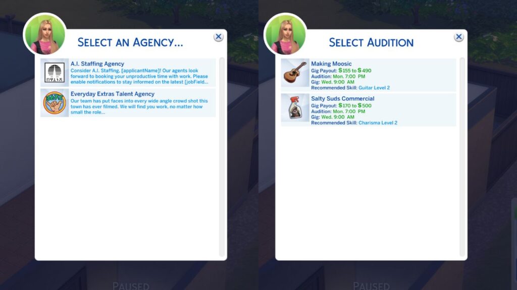 A screenshot from The Sims 4 showing how to select an agency and an audition for the master actor or actress aspiration 