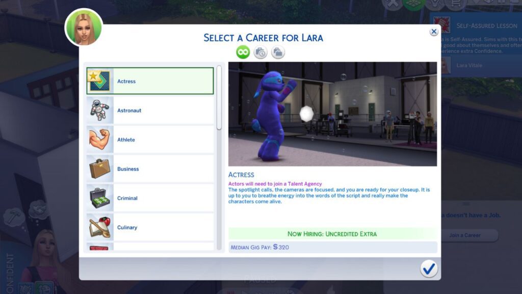 A screenshot from The Sims 4 showing how to join the actor or actress aspiration 