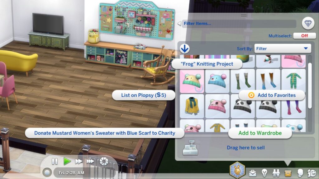 A screenshot from The Sims 4 showing how to add a sweater to wardrobe for a sim to wear