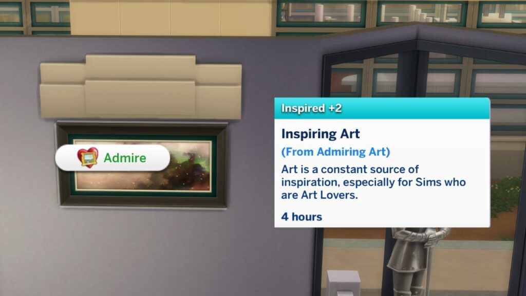 A screenshot showing how to admire art in the sims 4