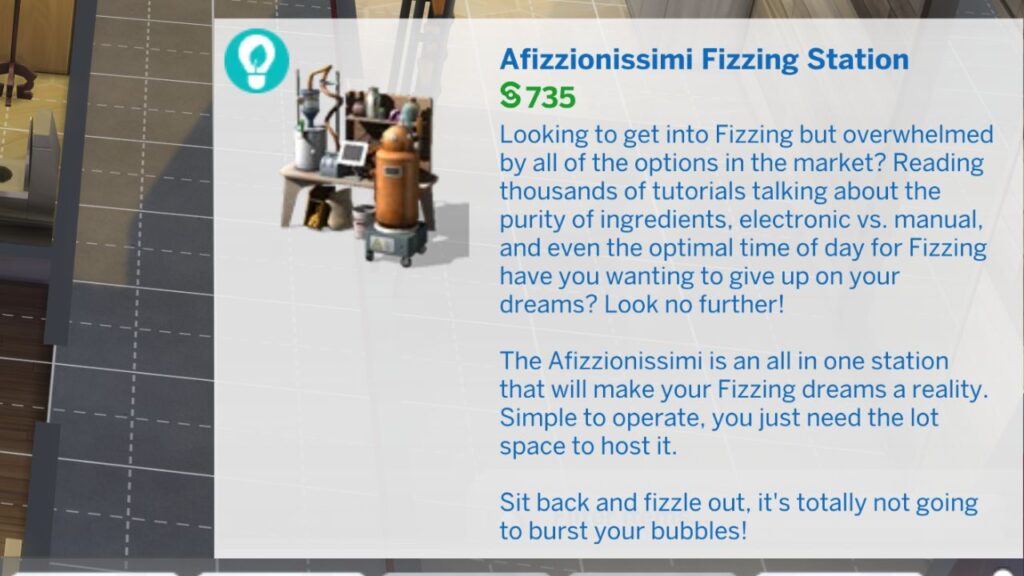 A screenshot from The Sims 4 of the listing for the fizzing station