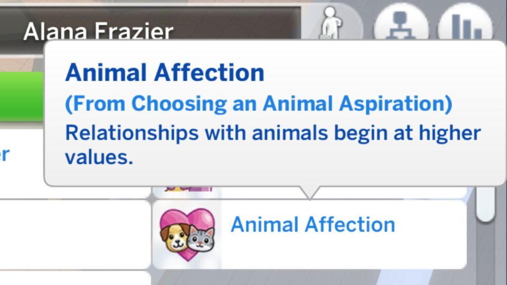 A screenshot from The Sims 4 showing the animal affection reward trait