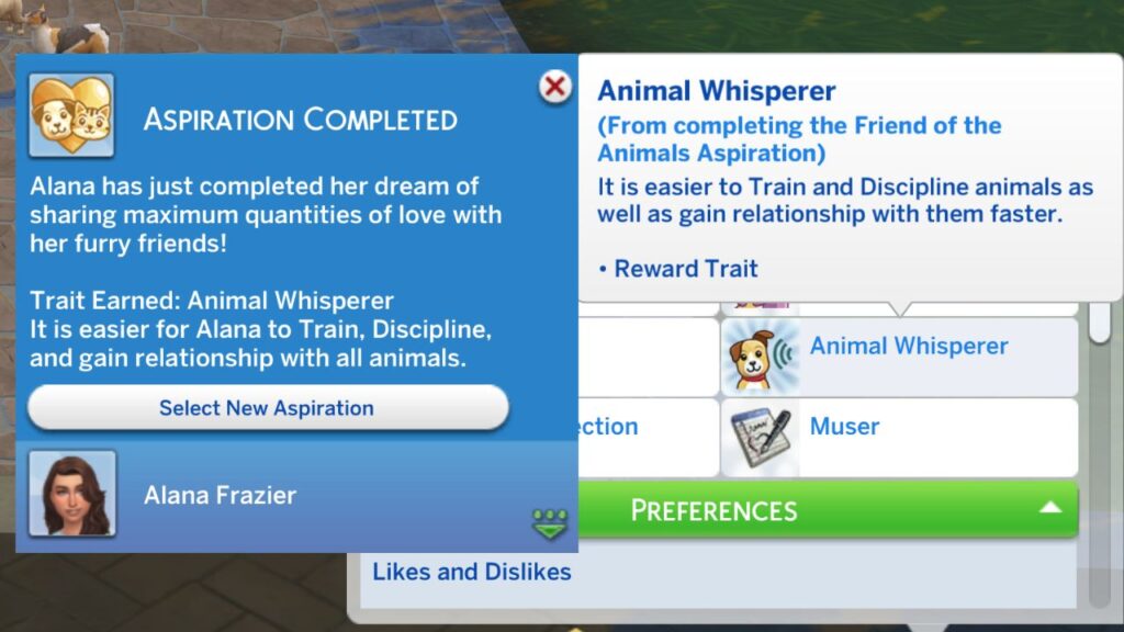 A screenshot from The Sims 4 showing the animal whisperer reward trait you get when you finish the friend of the animals aspiration