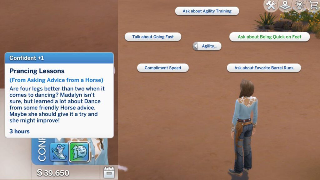 A screenshot from the sims 4 showing how you can ask a horse about being quick on feet to get a moodlet for confidence 