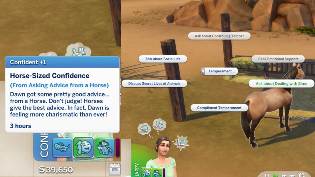 A screenshot from The Sims 4 showing that you can ask a horse about dealing with sims. 