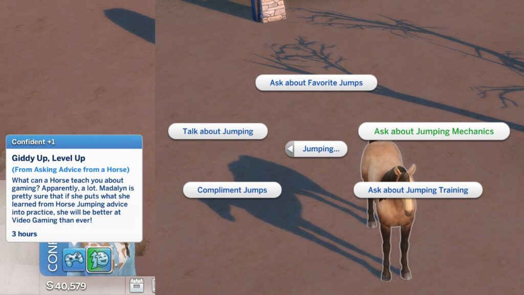 A screenshot of the option to a ask a horse about jumping mechanics and the confident moodlet you get 