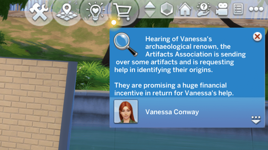 A screenshot from The Sims 4 showing a notification telling my sim that they will get artifacts to authenticate in the mail 