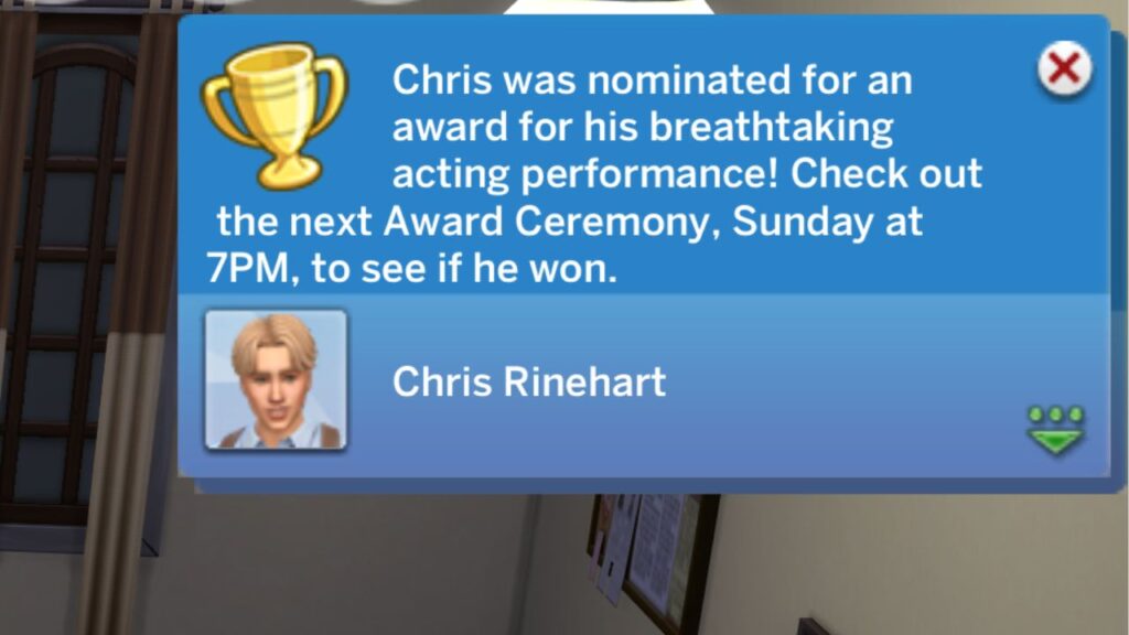 A screenshot from The Sims 4 showing that a sim was nominated for an award for acting. 