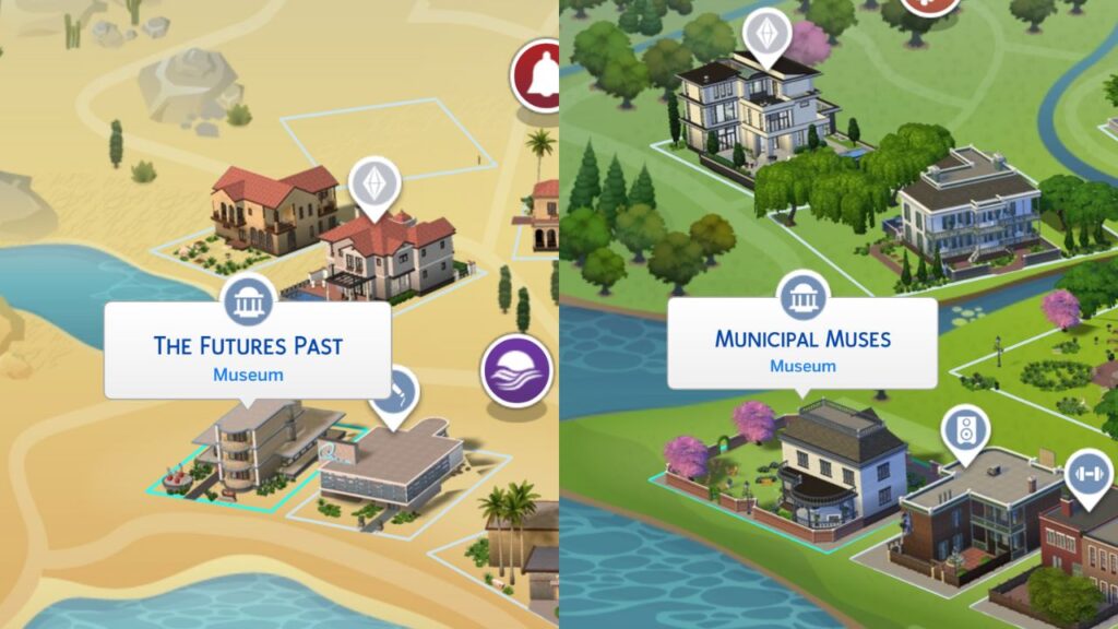 a set of two screenshots showing the locations of museums in the sims 4