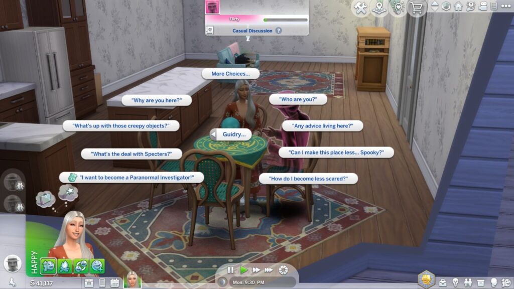 A screenshot from The Sims 4 of a sim talking to Guidry about becoming a paranormal investigator
