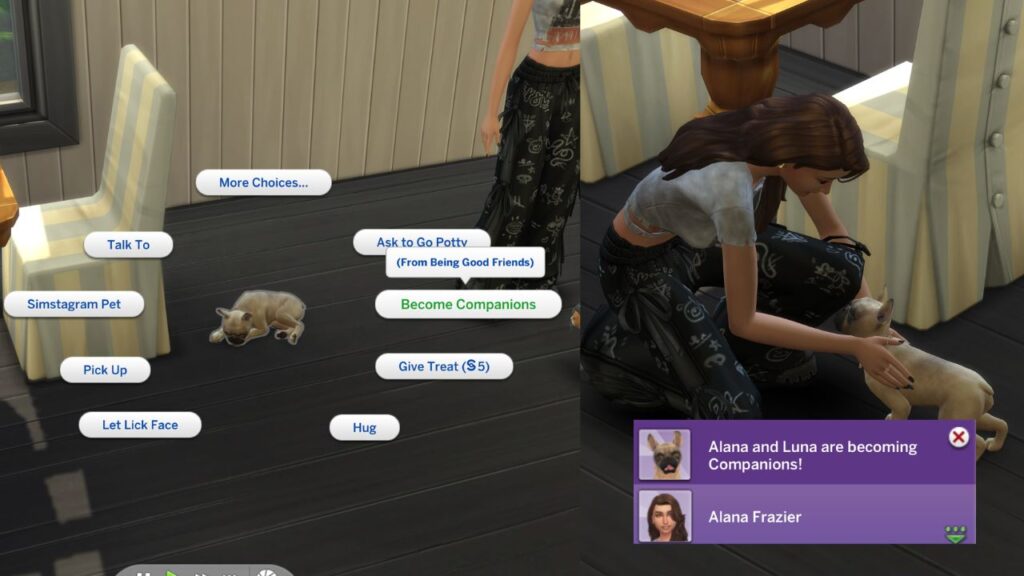 A screenshot from The Sims 4 showing the option to become companions with a pet