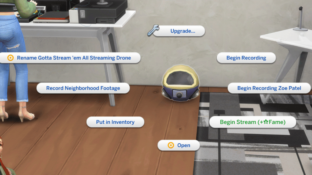 A screenshot from The Sims 4 showing the menu of options when you click a drone with Begin Stream highlighted 