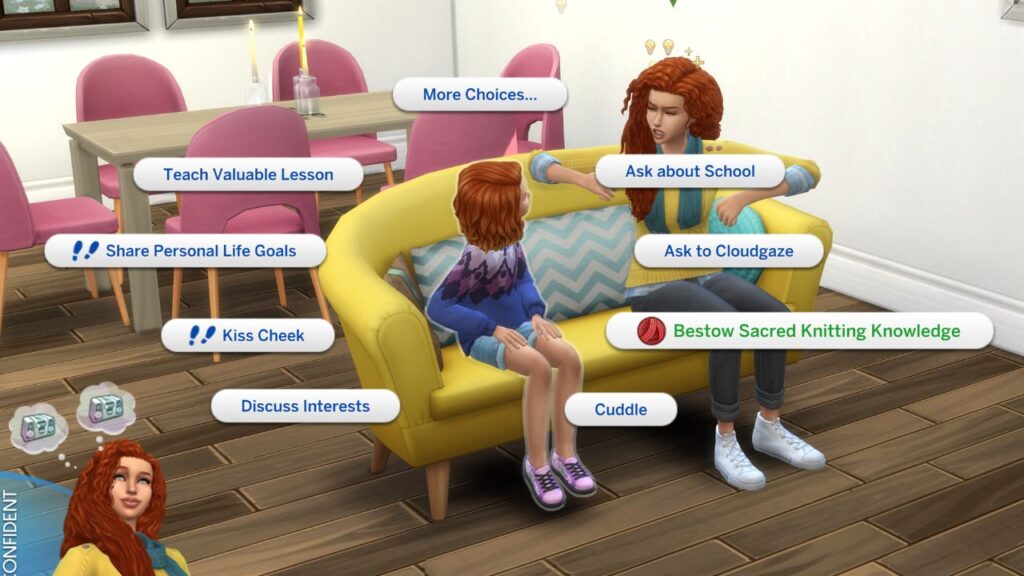 A screenshot from The Sims 4 showing the bestow sacred knitting knowledge interaction