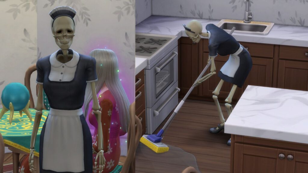 A screenshot of bonehilda twice, one standing and one mopping in The Sims 4