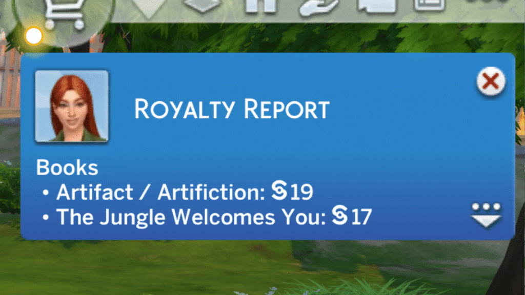 A screenshot from The Sims 4 of a sim getting book royalties for two books 