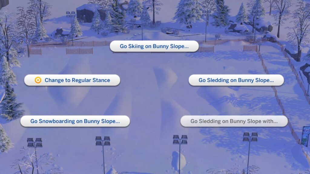 A screenshot from The Sims 4 showing the options to go down the bunny slope