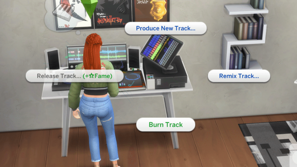 A screenshot from The Sims 4 showing the menu for the music station with burn track highlighted 