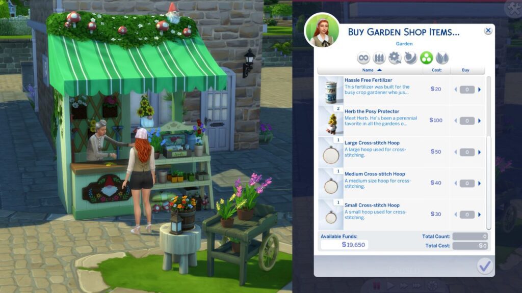 A set of two screenshots from The Sims 4 showing the option to buy cross stitch hoops from the garden booth