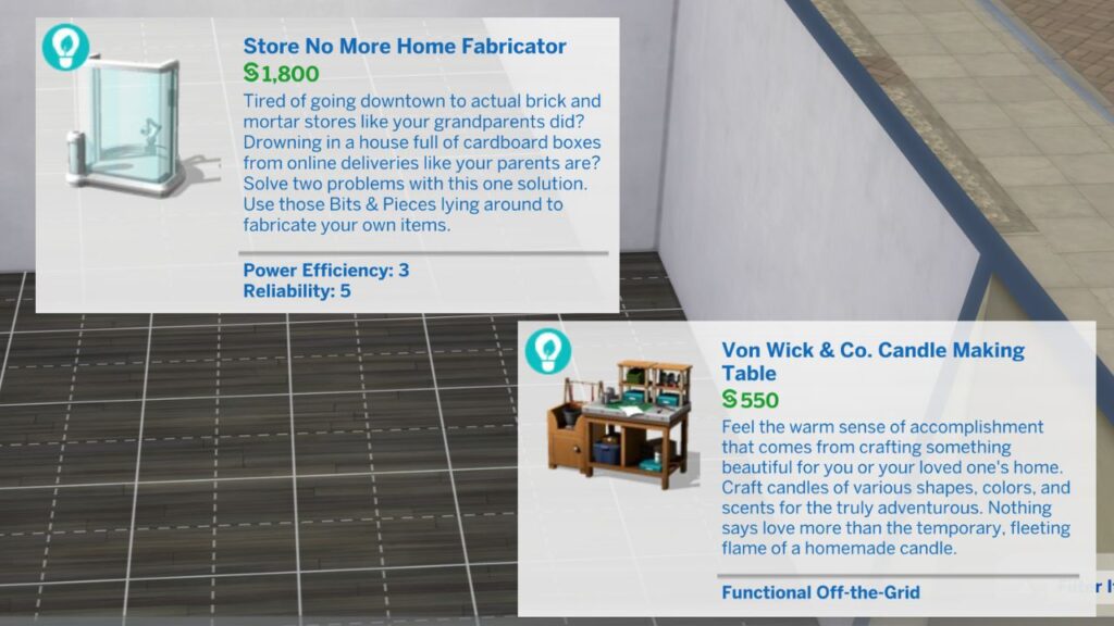 A screenshot from The Sims 4 showing the listings for the fabricator and candle making table