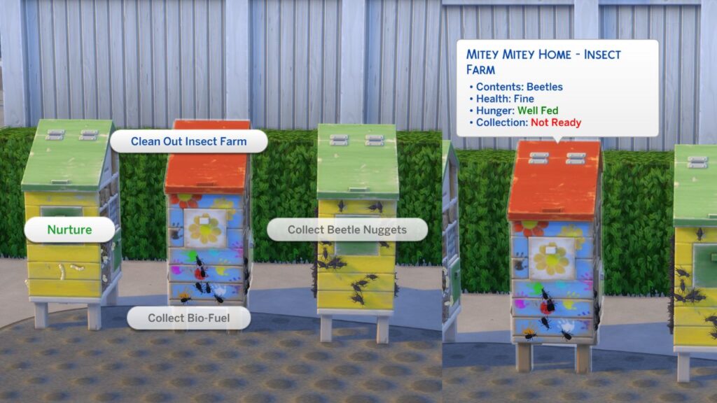 A screenshot from The Sims 4 of an insect farm showing how to nurture it