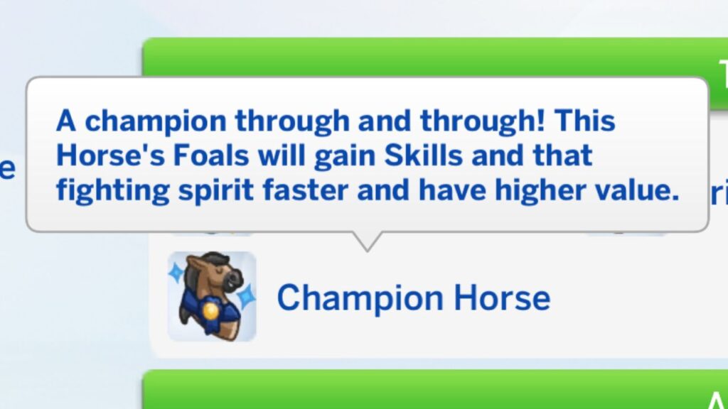 A screenshot from The Sims 4 of the champion horse trait