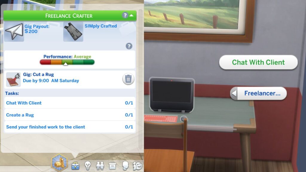A screenshot from the sims 4 showing how to chat with a client for a freelance crafter gig