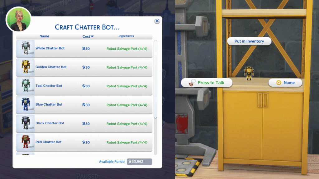 A screenshot from The Sims 4 showing two images. The first has the options to craft a chatter bot and the second has the  menu open with Press to talk highlighted on a chatter bot 
