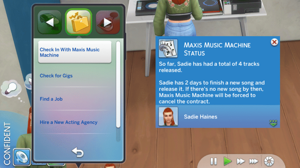 A screenshot from The Sims 4 showing the check in with record label options and notification that you get for that 