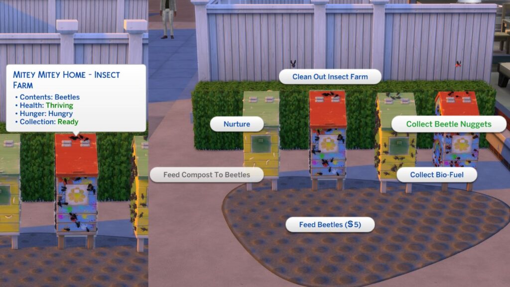 A screenshot from The Sims 4 showing how to collect beetle nuggets at an insect farm for the master maker aspiration