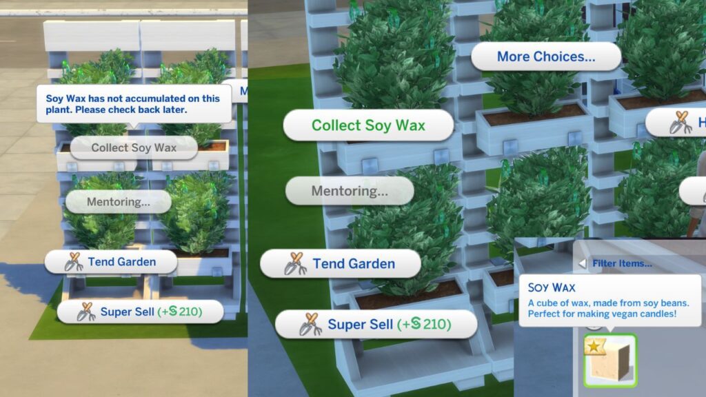 a set of three screenshots from The Sims 4 showing how to collect soy wax