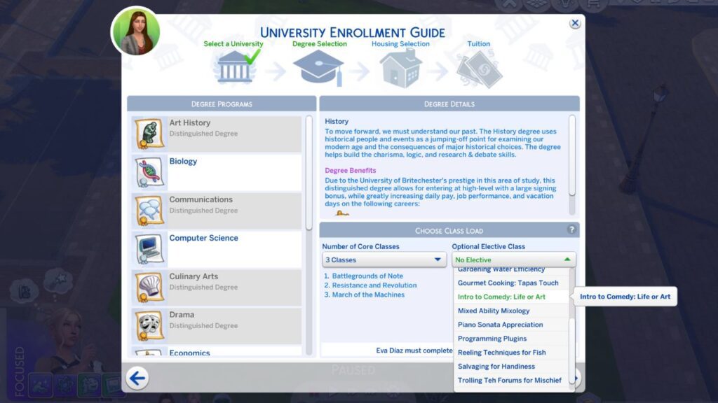 A screenshot from The Sims 4 showing the option to take a sims 4 comedy skill elective class at University 