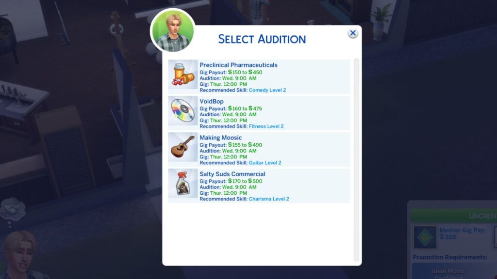 A screenshot from The Sims 4 showing the available auditions for commercial acting gigs 