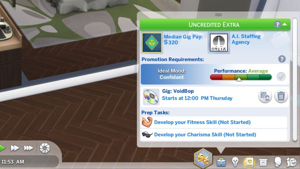 A screenshot from The Sims 4 showing the career menu for a commercial acting gig 