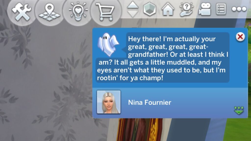 A screenshot from The Sims 4 showing a sim getting a notification from a ghost.
